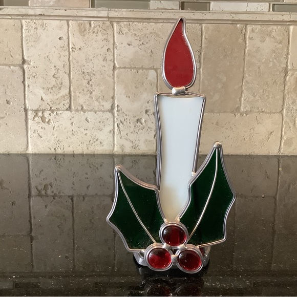Art Vintage Stained Leaded Glass Christmas Holly Suncatcher Candle